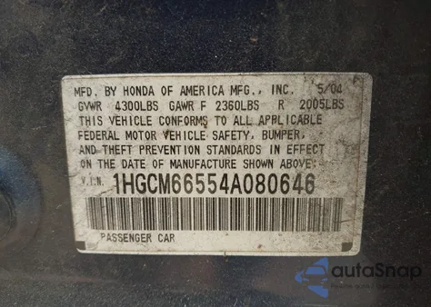 2004 Honda Accord 3.0 Ex from USA, damaged, VIN 1HGCM66554A080646
